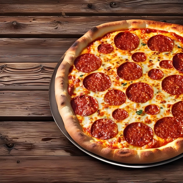 Una pizza con pepperoni sobre una mesa de madera