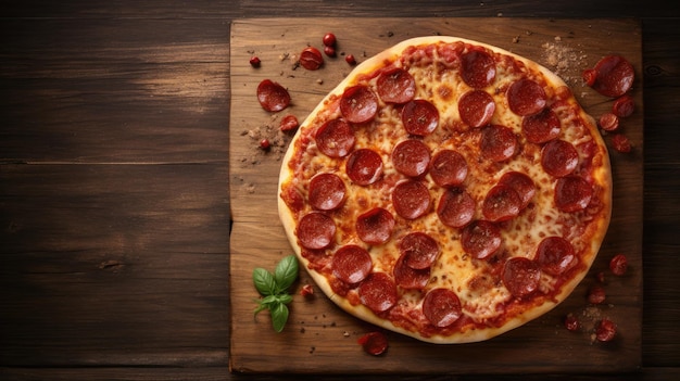 Una pizza con pepperoni en una tabla de madera