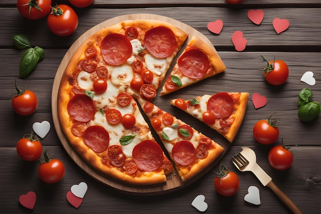 Pizza Pepperoni en una variedad de alimentos poco saludables en una foto de mesa oscura de madera Plataforma de IA de parque infantil