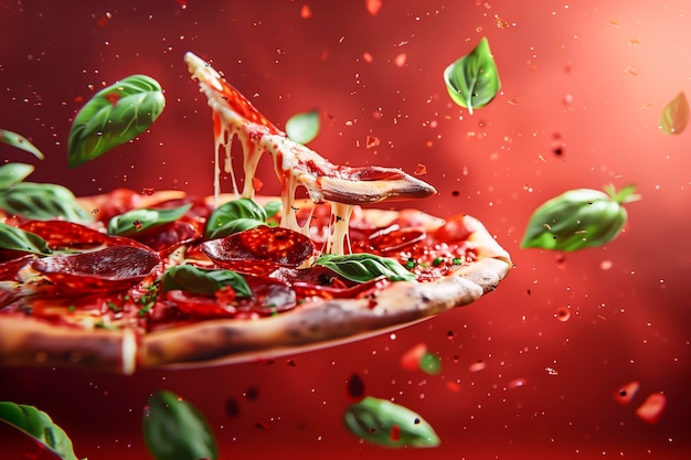 La pizza de pepperoni vuela en el aire sobre un fondo rojo
