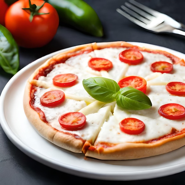 Una pizza pequeña con tomates y un tenedor al lado.