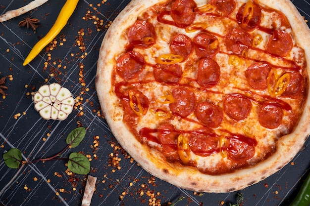 Foto pizza picante con salchichas y chiles sobre un fondo de piedra negra espacio libre para el texto