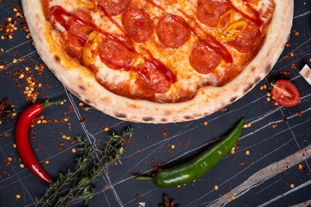 Pizza picante con salchichas y chiles sobre un fondo de piedra negra espacio libre para el texto