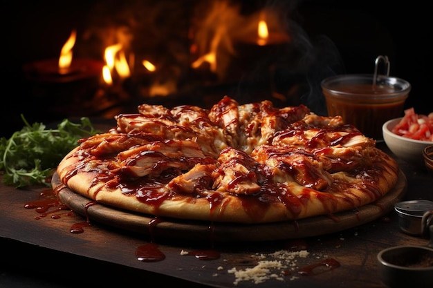 Pizza de pollo a la parrilla en una tabla de madera