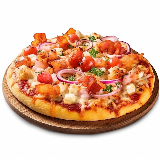 Una pizza con pollo, tomate y cebolla encima.