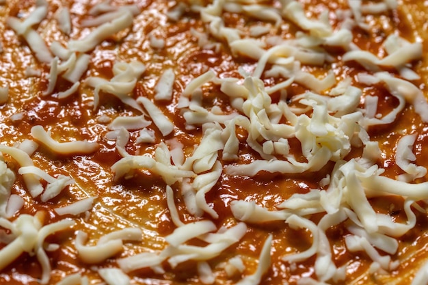 Pizza polvilhada com queijo ralado antes de colocar no forno Macro