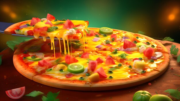 Foto pizza quente de fusão tropical com fatias de melancia e manga capturar as cores vibrantes e exóticas