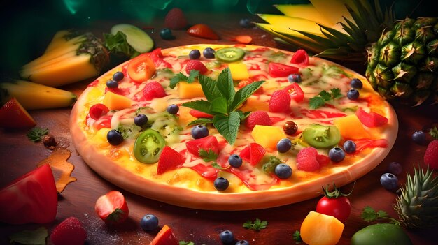 Foto pizza quente de fusão tropical com fatias de melancia e manga capturar as cores vibrantes e exóticas