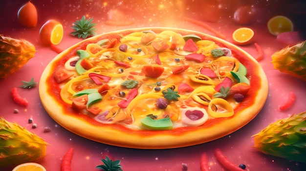 Foto pizza quente de fusão tropical com fatias de melancia e manga capturar as cores vibrantes e exóticas