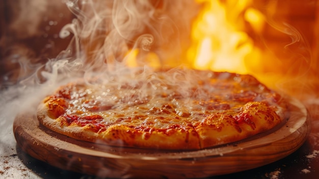 Pizza quente e deliciosa com fundo de fogo ardente conceito de fast food