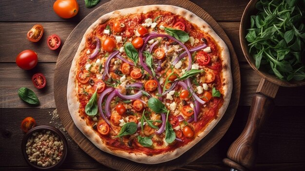 Pizza quente servida em uma mesa velha vista de cima para baixo