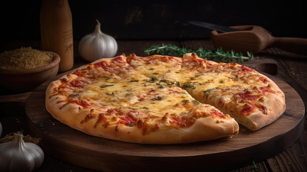 Una pizza con queso y ajo en una tabla de madera.