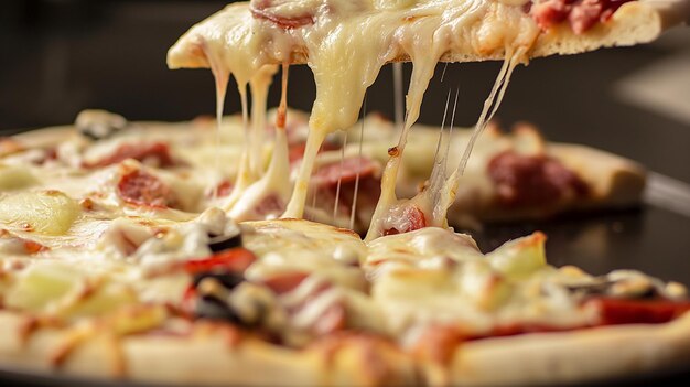 una pizza con queso y carne en ella está siendo cortada en rodajas