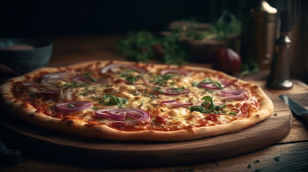 Una pizza con queso y cebolla en una tabla de madera.