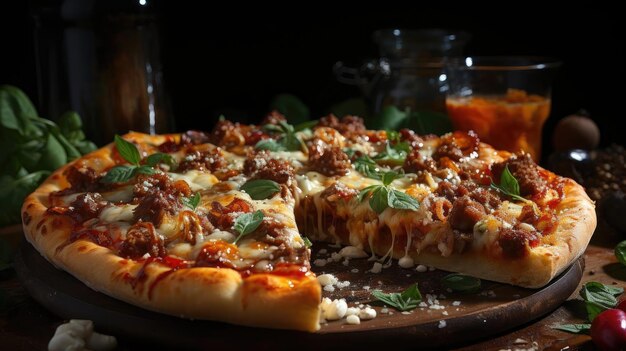 Foto pizza con queso derretido cubierto de carne y verduras en la mesa con un fondo borroso