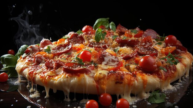 pizza con queso derretido cubierto con carne y verduras sobre la mesa con un fondo borroso