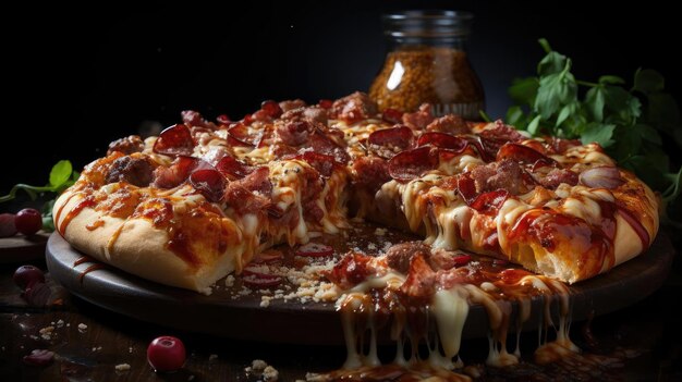 pizza con queso derretido cubierto con carne y verduras sobre la mesa con un fondo borroso