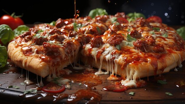 pizza con queso derretido cubierto con carne y verduras sobre la mesa con un fondo borroso