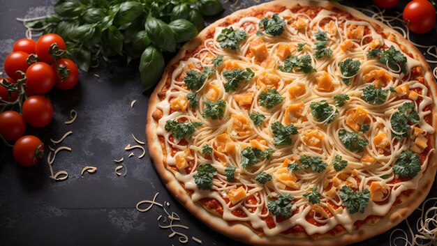 Una pizza de queso con hebras de queso entrelazadas como delicadas vides que forman patrones intrincados