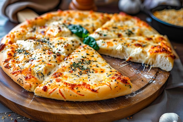 La pizza con queso y hierbas en la parte superior se corta en rebanadas