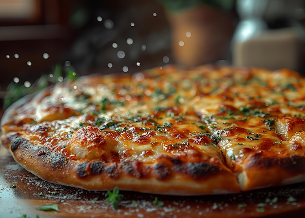 Pizza con queso mozzarella y albahaca en una mesa de madera