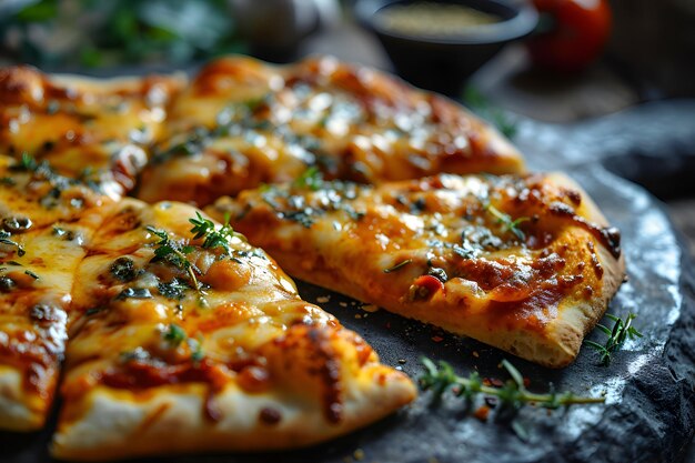 Pizza con queso mozzarella y hierbas sobre un fondo negro