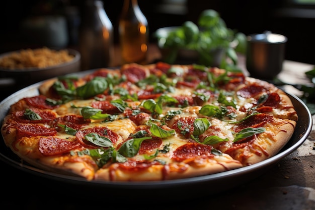 Pizza de queso y pepperoni recién salida del horno generativa IA