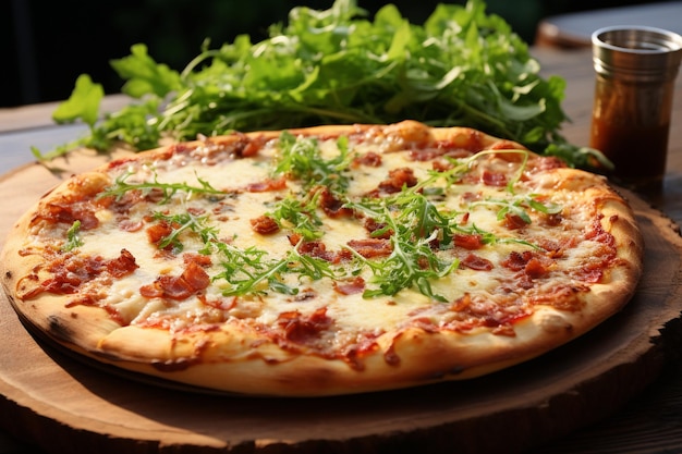 Pizza de queso con queso con tocino y ensalada en una mesa de madera