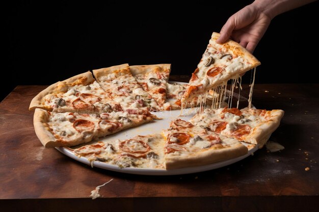 Una pizza con queso y salsa de tomate que se levanta en una rebanada