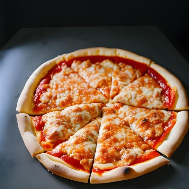 Una pizza con una rebanada faltante se sienta en una mesa