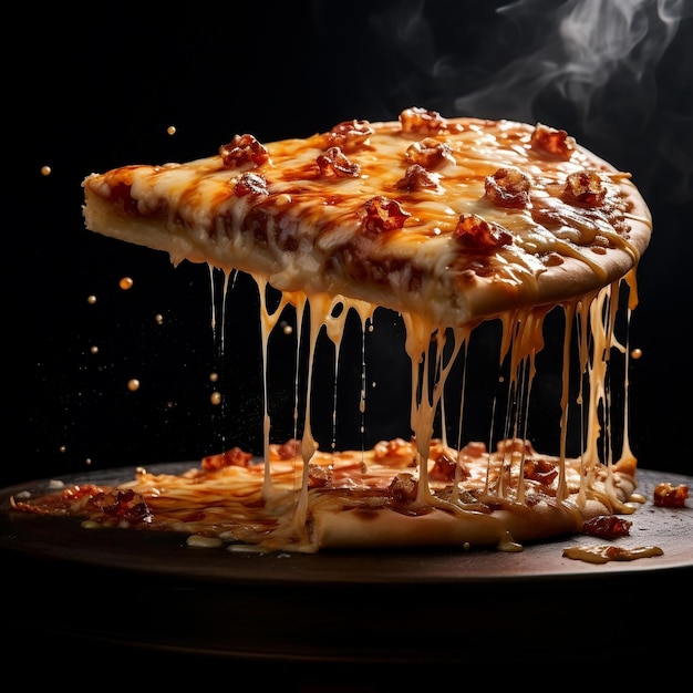 Pizza con rebanada de queso mozzarella derretida ai generativo