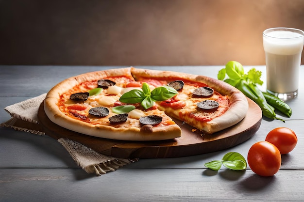 Una pizza con una rebanada sacada de ella.