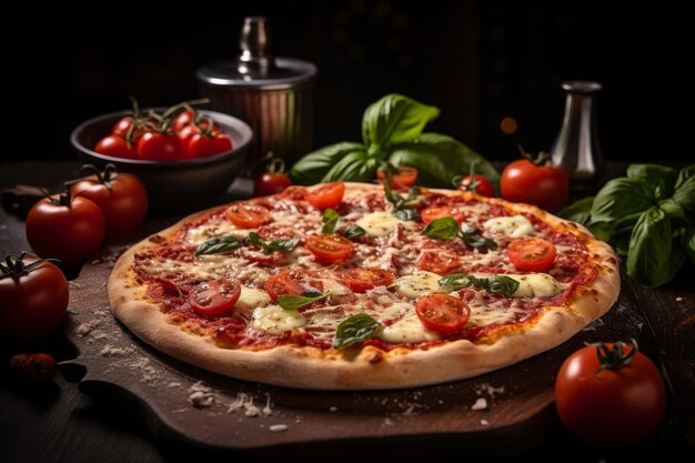 una pizza con rebanadas de tomate, queso mozzarella y guarnición