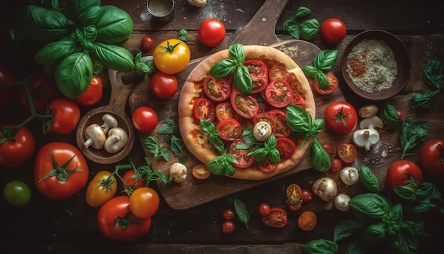 Pizza recém-assada na mesa de madeira rústica gerada por ia