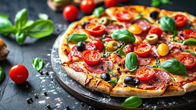 Pizza recheada com tomate, salame e azeitonas Ai generative