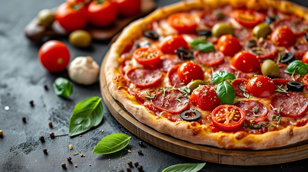 Pizza recheada com tomate, salame e azeitonas Ai generative