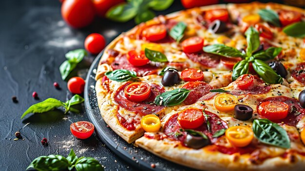 Pizza recheada com tomate, salame e azeitonas Ai generative