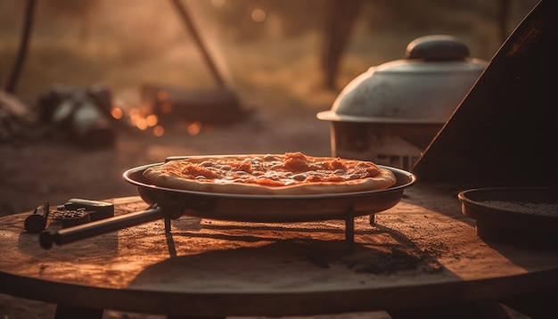 Foto pizza recién horneada en estufa de leña rústica, una delicia gourmet generada por ia