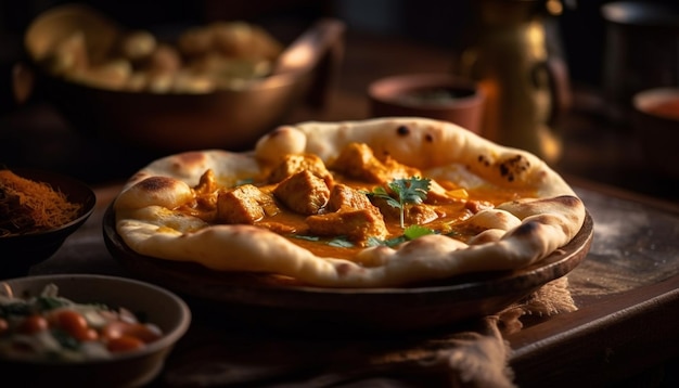 Pizza recién horneada en una mesa de madera rústica generada por IA