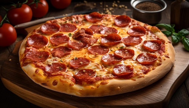 Pizza recién horneada en una mesa de madera rústica generada por IA