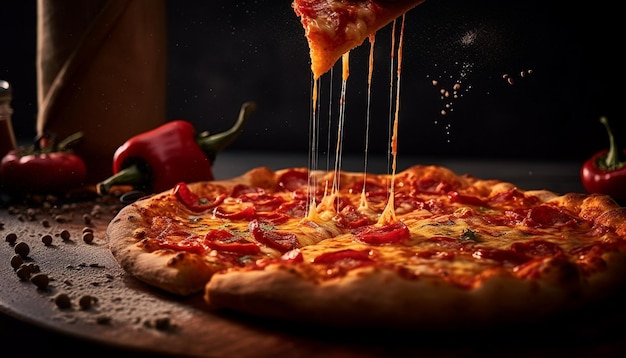 Pizza recién horneada en una mesa de madera rústica generada por IA