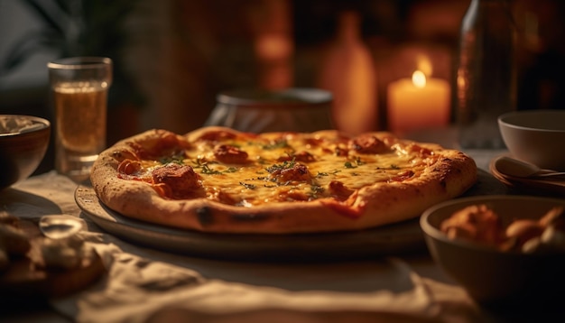 Pizza recién horneada en una mesa de madera rústica generada por IA