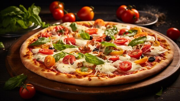 pizza recién horneada con tomate mozzarella y verduras