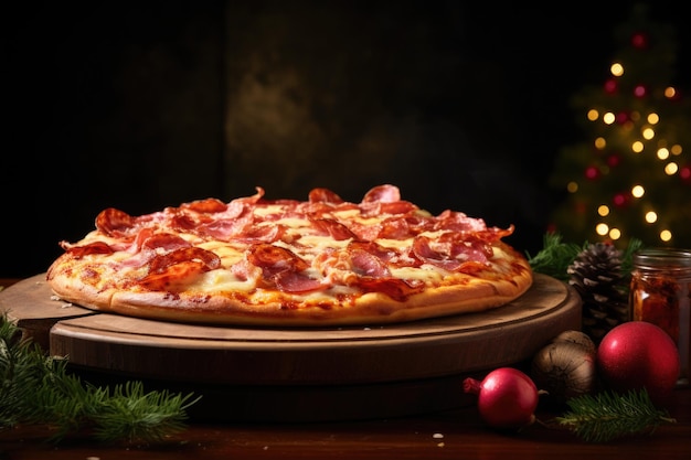 Una pizza redonda adornada con aderezos festivos roba el foco de atención en una mesa decorada para el Año Nuevo39 añadiendo un toque salado a la celebración