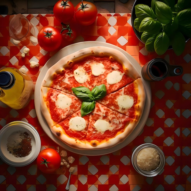 Pizza redonda com queijo manjericão tomate especiarias em um prato Decorações de legumes e especiarias ao redor Vista superior