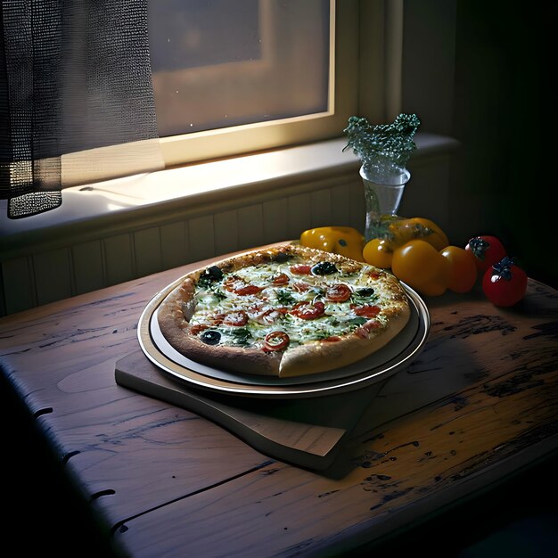 Pizza redonda com queijo salame presunto tomate azeitonas especiarias em uma tábua de cozinha de madeira Em torno de decorações com legumes e especiarias Vista lateral