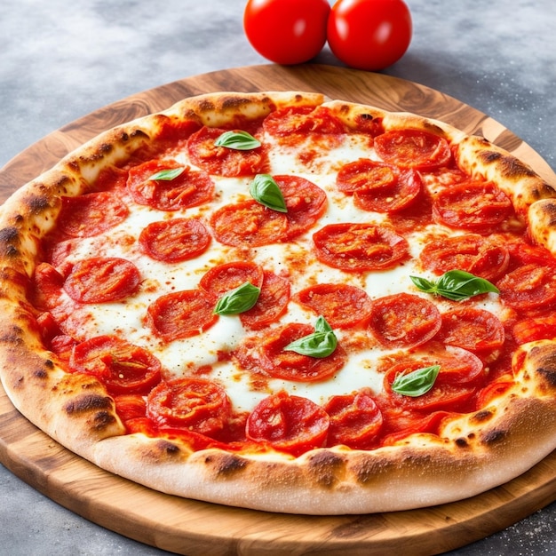 Una pizza con una rodaja de tomate y mozzarella encima