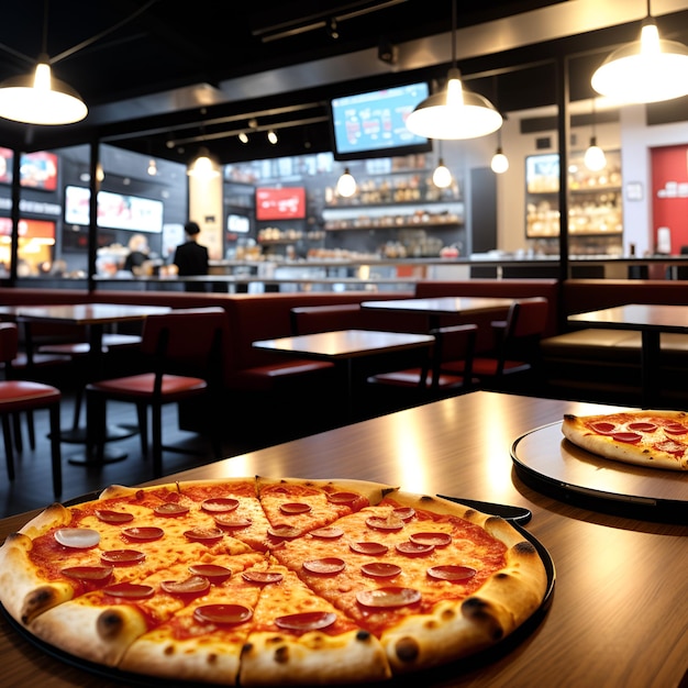 Pizza en rodajas frescas en una mesa en un café vacío