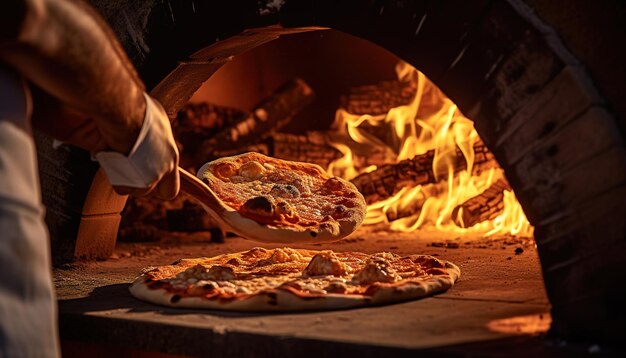 Pizza rústica a leña con queso mozzarella burbujeante y un intenso resplandor naranja de las llamas