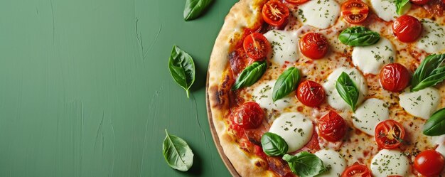 Foto pizza saborosa com manjericão e tomates sobre um fundo verde